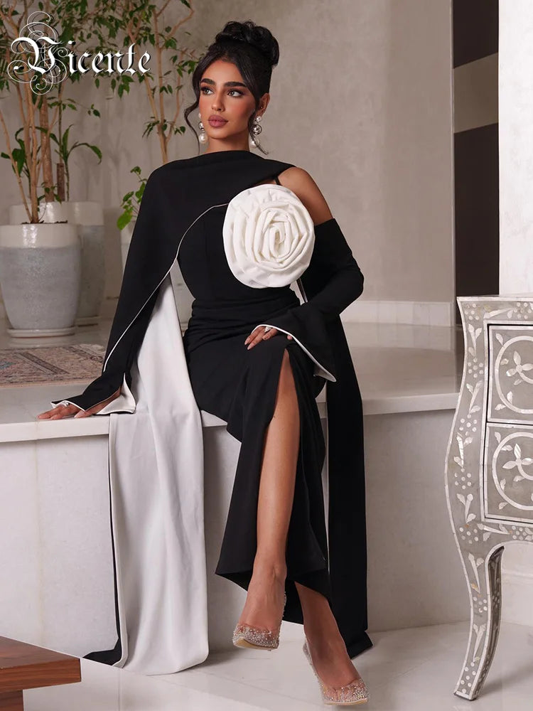 Summer New Simple Black Crepe 3D Flowers Mermaid Prom Dress 2024 Slim Long Sleeve Ankle-Length Formal Evening Dress