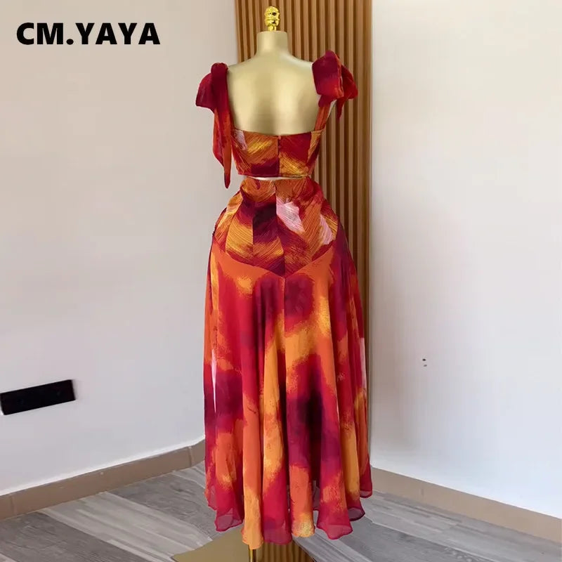 Fashion Printed Women Long Dresses Beach Holiday Street Bowknot Crop High Waist Big Swing Fake 2 Piece Party Dress 2025