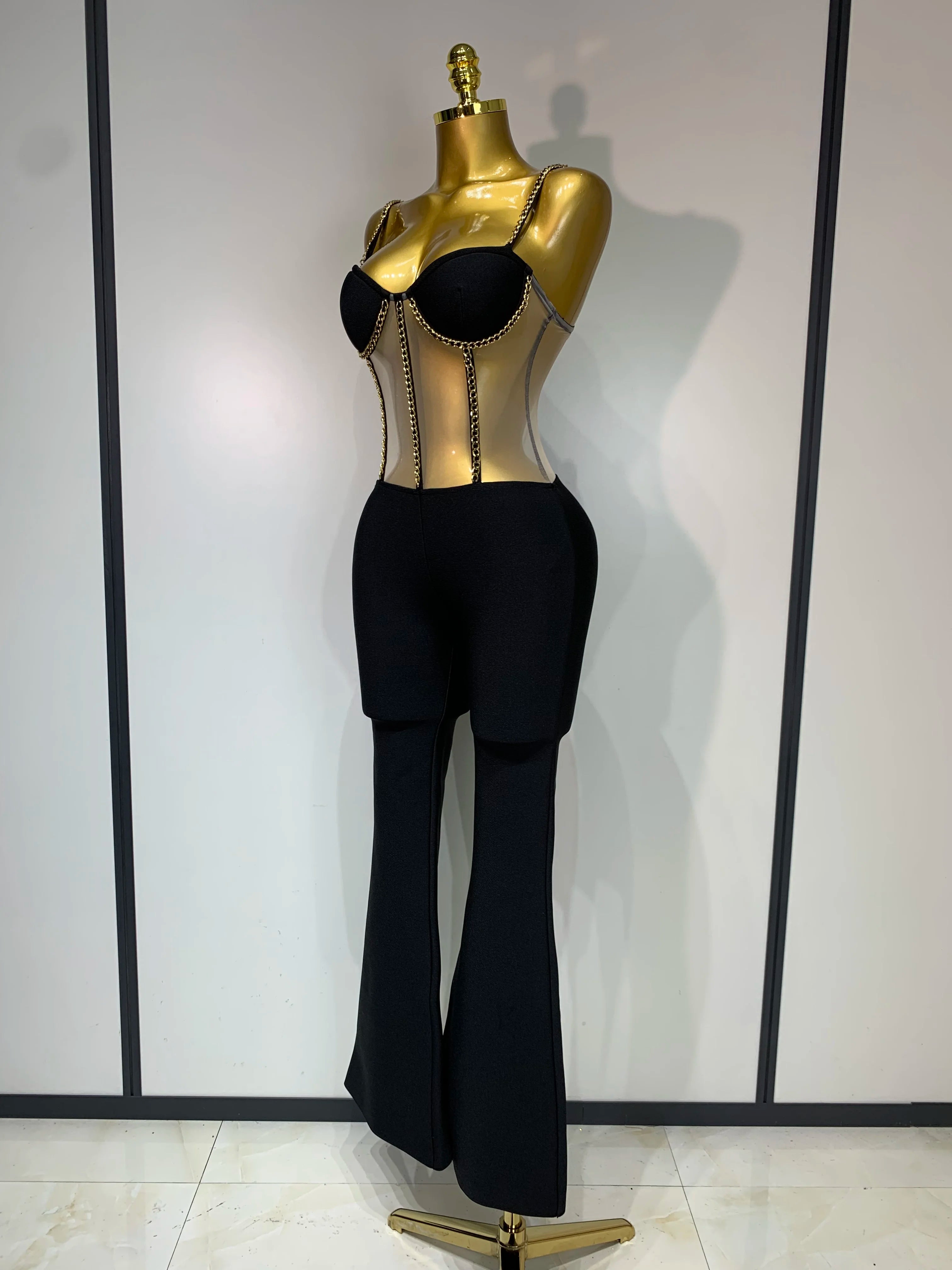 Women Luxury Sexy Sleeveless Mesh Chain Black Bodycon Bandage Jumpsuit 2025 Fashion Party Celebrity Designer High Street Rompers