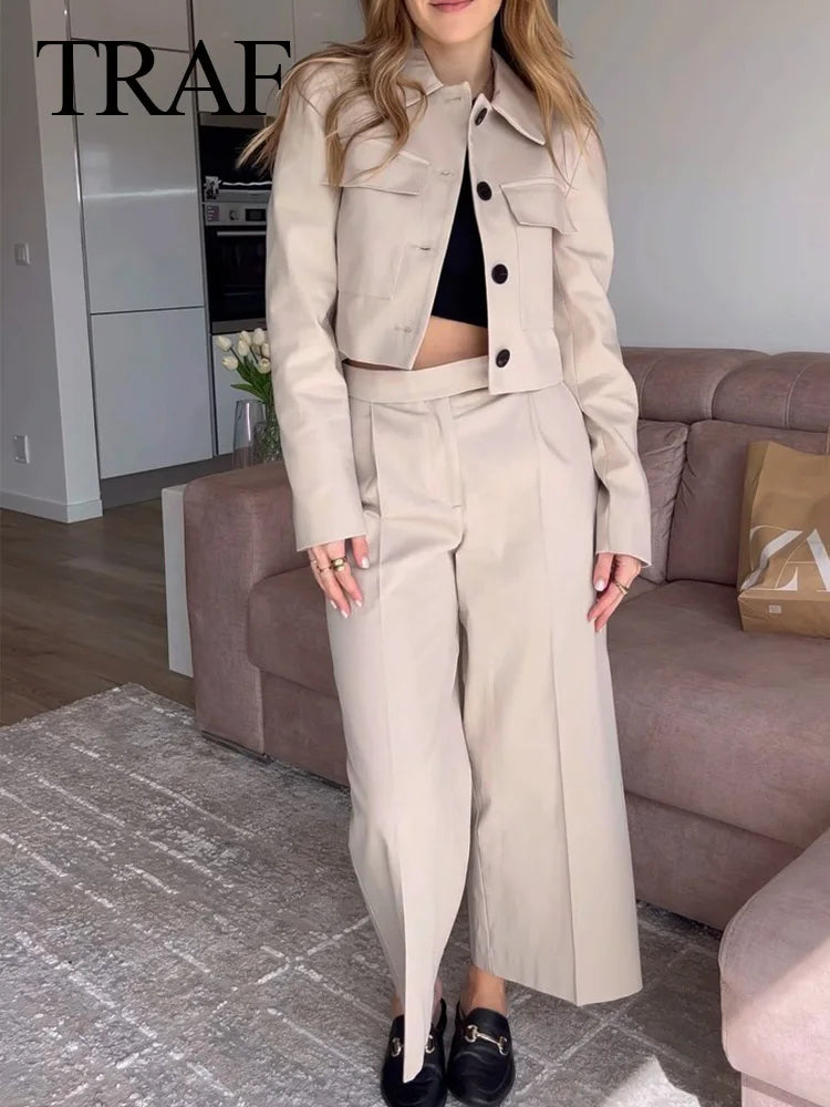 TRAF Spring Women's Fashion Beige Blazer Suit Single Breasted Jacket Women's High Waist Casual Baggy Pants 2-piece Set