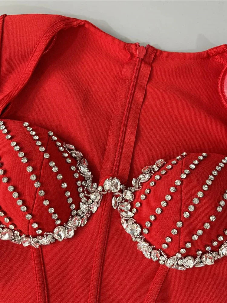 Radiant Red Long Sleeved Midi Dress with Crystal Embellishments for a Gala Event Evening Gown