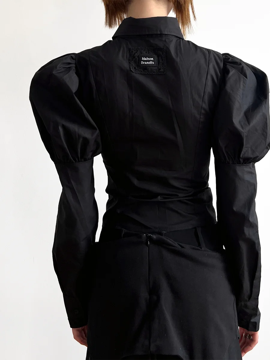 Solid Slimming Spliced Lace Up Elegant Blouses for Women Lapel Long Sleeves Patchwork Folds Top Female Clothing New