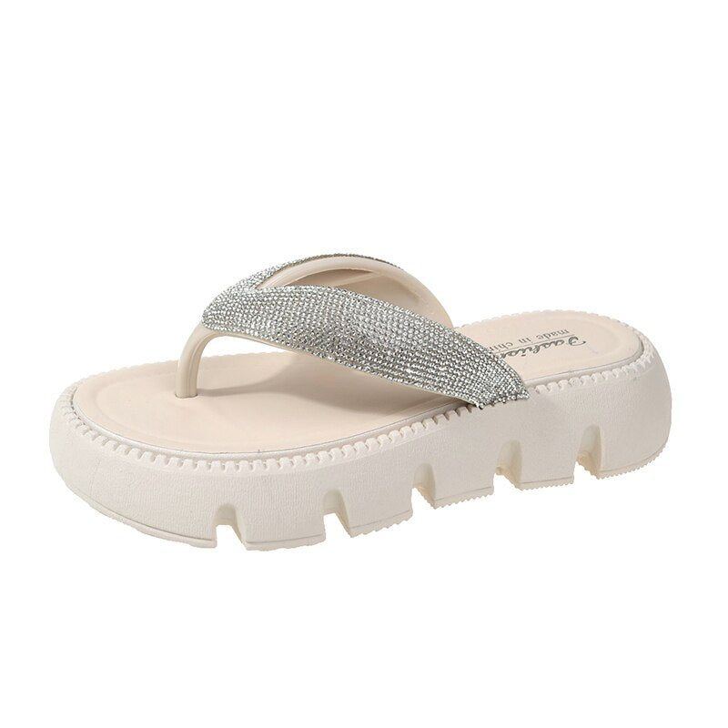 Thick Platform Shiny Crystal Flip Flops Women Summer 2024 Soft Bottom Beach Sandals Shoes Woman Fashion Clip Toe Clogs Slippers White