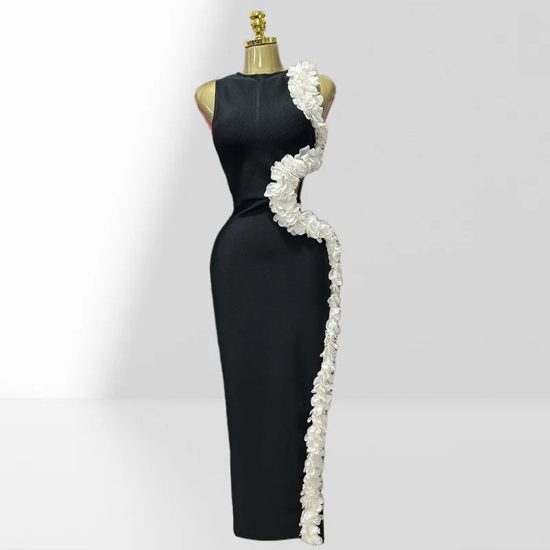 White Petal Edge Hollow Out Sleeveless Sheath Black Bandage Ankle Lengh Dress Woman Party Vestido Celebrity Cocktail Outfit black