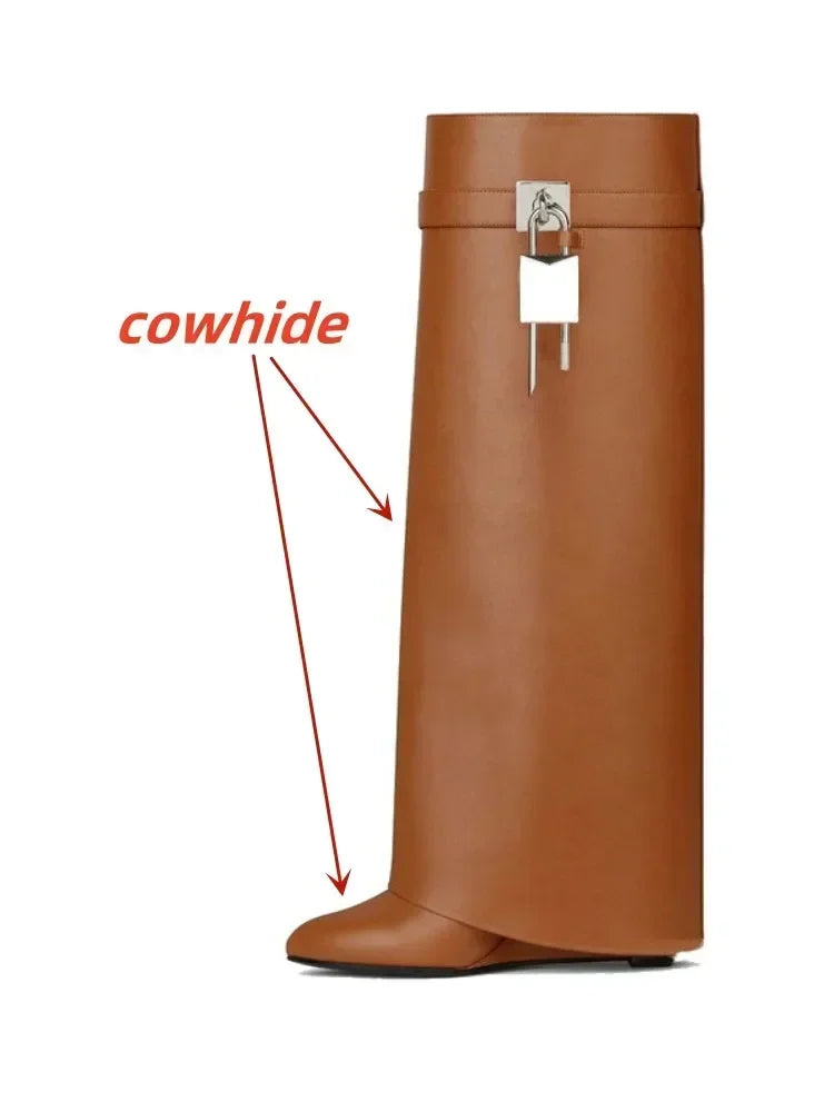 European and American Metal Lock Fasteners for High Tube Skirts, Boot Slopes, Leg Sleeves, Knee Length Boots, Platform Boots brown cowhide