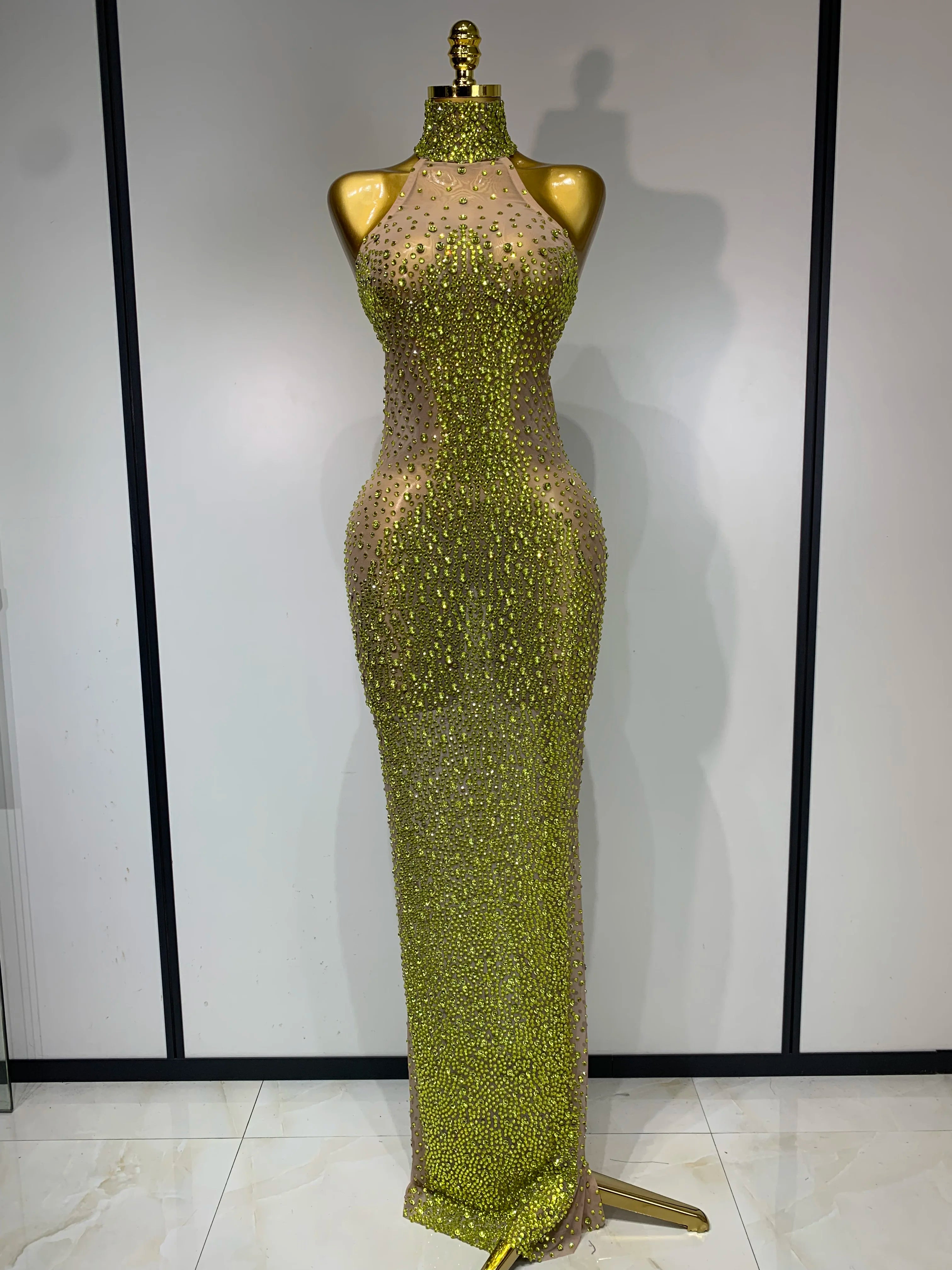 Women Luxury Birthday Celebrate Dress Dancer Party Show Stage Outfit 2025 Sparkly Rhinestone Elastic Mesh See Through Long Dress Gold