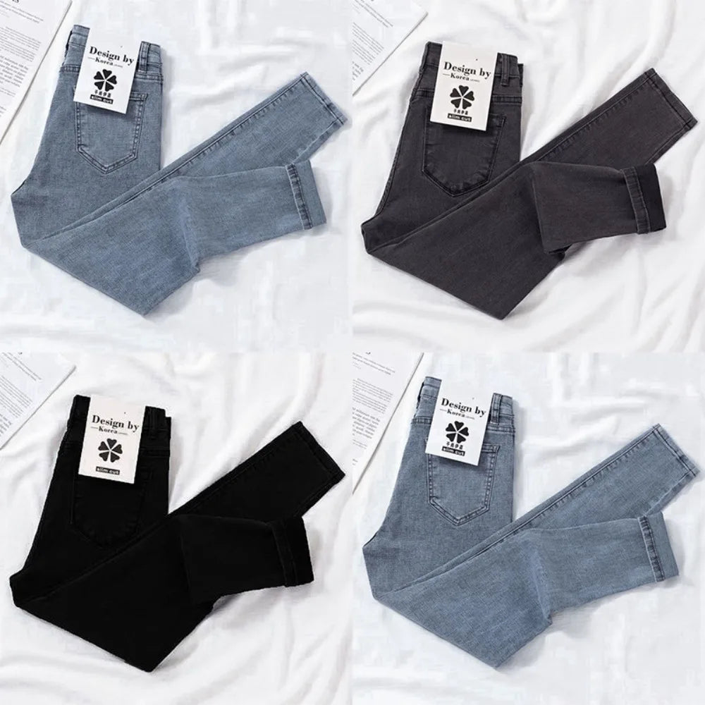 New Spring Autumn Season Blue Pencil Jeans Womens Mid Waist Skinny Vaqueros Fashion Plush Denim Capris Slim Jean Trousers