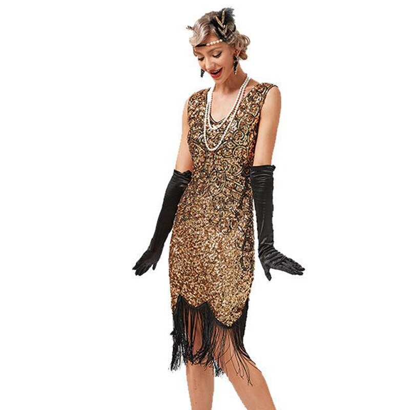 Robe Vintage à franges pour femmes, tenue d'été des années 1920, à franges, pour bal de fin d'année, fête de mariage, paillettes perlées, col rond, Costume des années 30