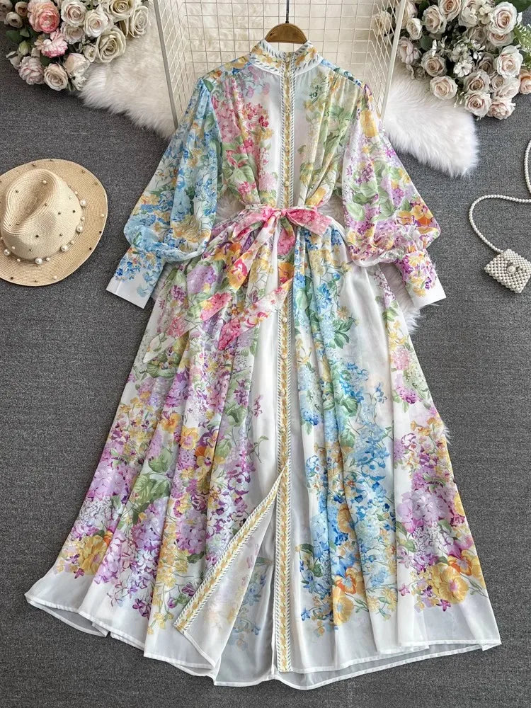 2024 Fashion Bohemain Flower Maxi Dress Women's Stand Long Lantern Sleeve Single Breasted Floral Print Lace Up Loose Boho Robe as picture