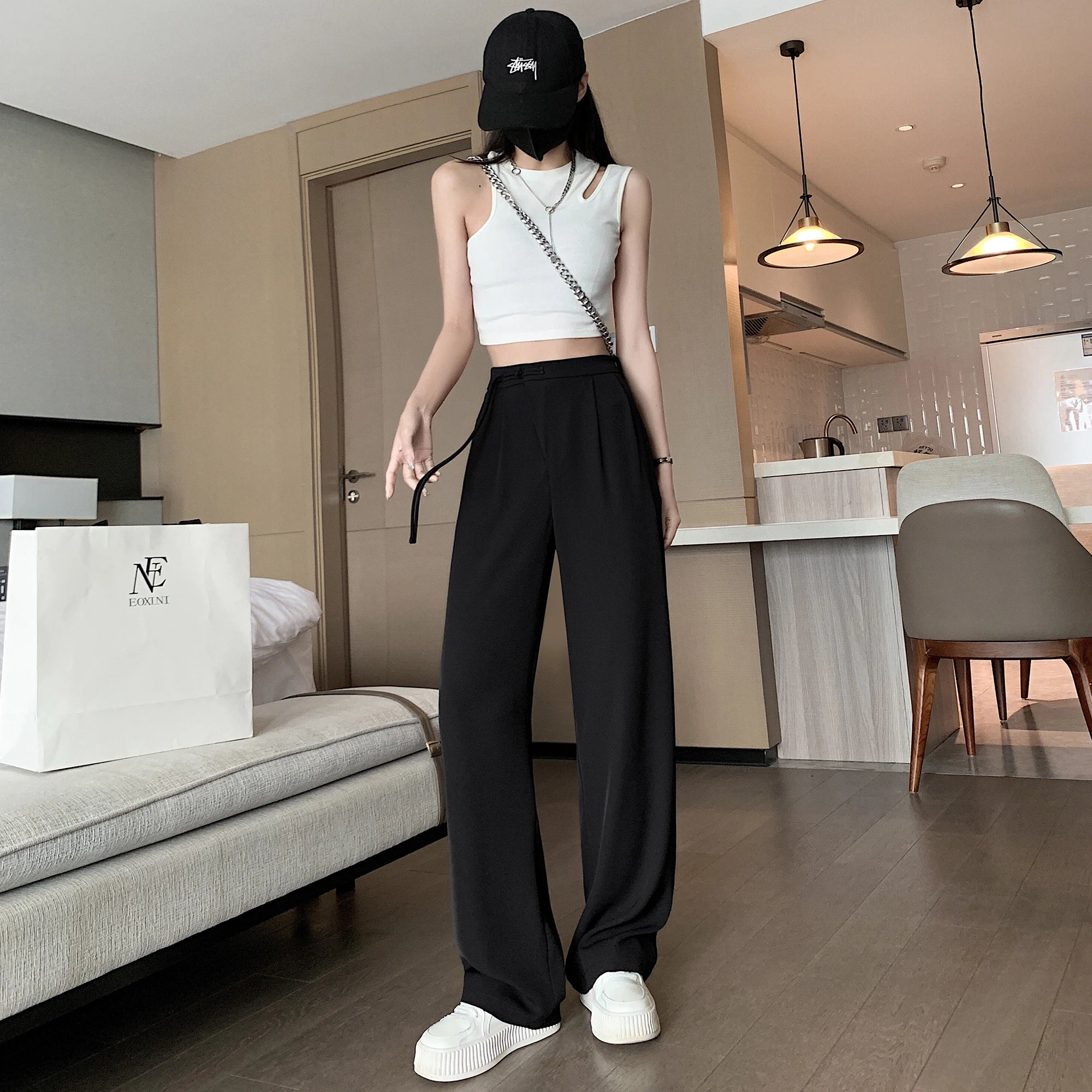 Seoulish High Waist White Suit Wide Leg Women‘s Full Pants Spring Summer Female Elegant Minimalism Straight Loose Trousers 2024 Black(shorter)