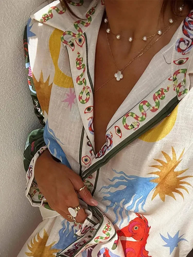 Stylish Printed Trousers 2 Piece Set Women's Casual Lapel Single Breasted Shirt Wide Leg Pant Sets Women Pomesia Vacation Suit Tops