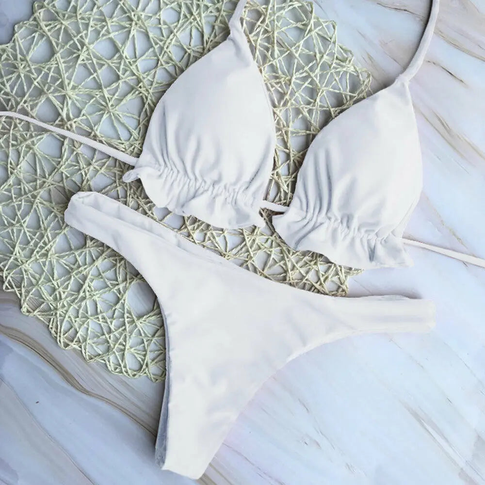 Summer Women Sexy Bandage Brazilian Bikini Set Top Thong Bottom Set Beach Push-up Swimwear Ladies Lace Up Swimsuit Beachwear WHITE