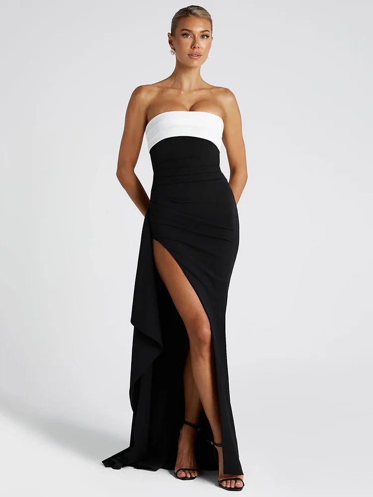 Off-shoulder Strapless Sexy Maxi Dress For Women Contrast Color Patchwork Sleeveless Backless Thigh High Split Dress Black