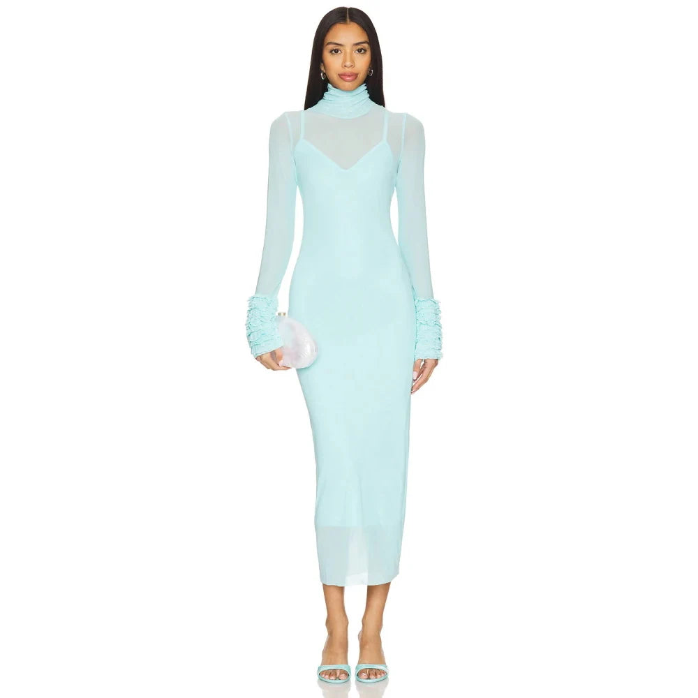 Sexy Turtleneck Ruffle-Cuff Mesh Tight Long Dress Women Long Sleeves Ruffles Bodycon Midi Dresses Evening Party Cocktail Club SKY BLUE