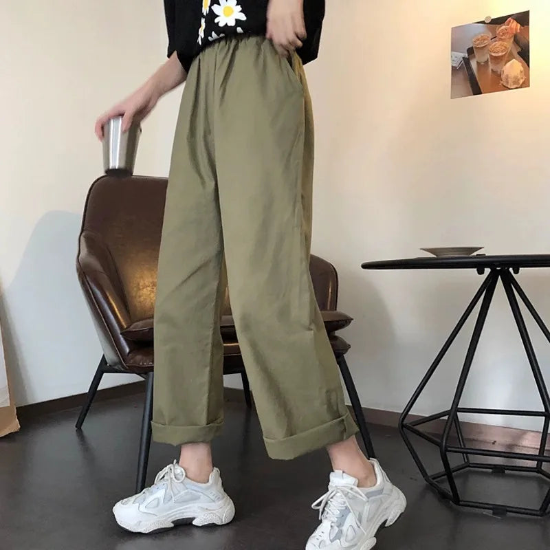 Korean Style Retro Pants Women Loose Casual Solid Color Straight Ankle-length Trousers Office Lady Versatile Sweatpants Female green