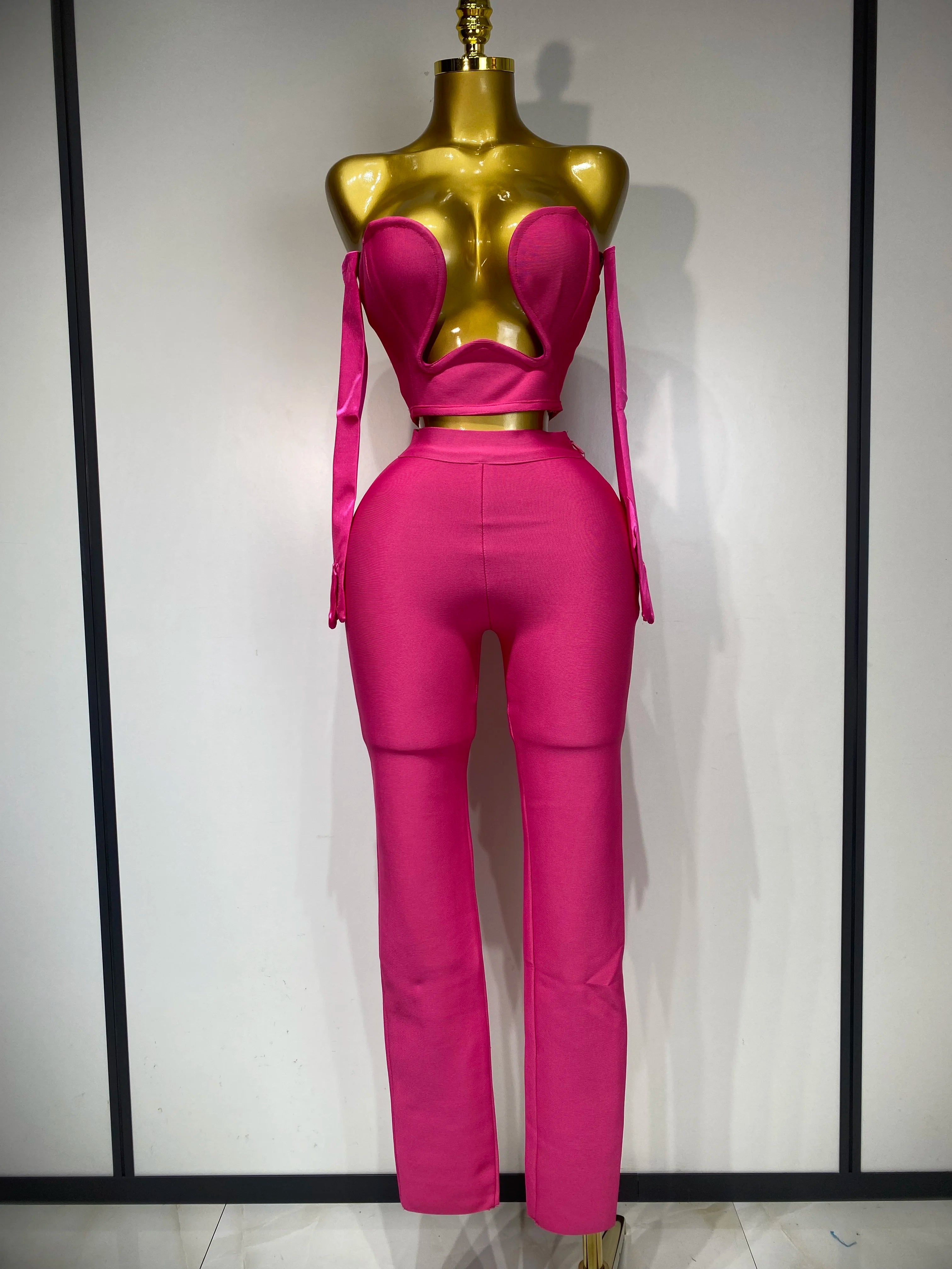 Women Sexy Strapless Backless Hot Pink Glove Pants Bandage Three Piece Suit Celebrity Designer Fashion High Street Pant Suits Rose Red