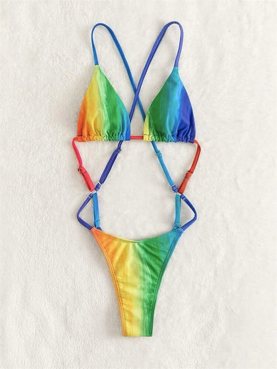 Sexy Gradient Color One Piece Swimsuit - New In Colorful Patchwork Push Up Bikini Beach Cut Out Bathing Suit Trikini Swimwear