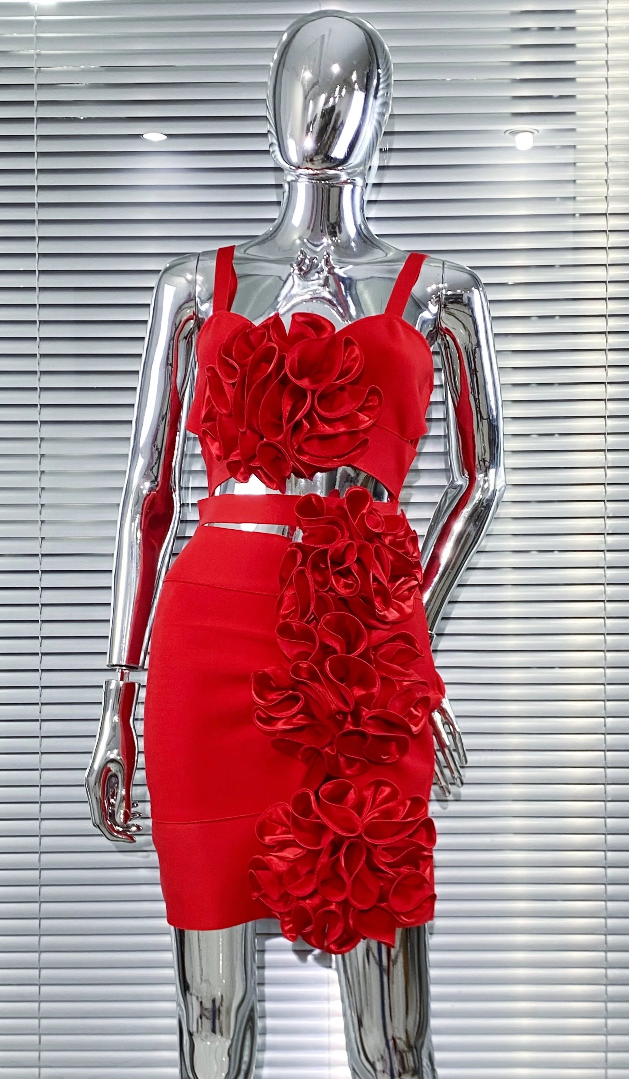 New Summer Stereoscopic Flowers Sexy Hollow Out Spaghetti Red Bandage Mini Dress Sweet Woman Party Dress Birthday Party Vestido