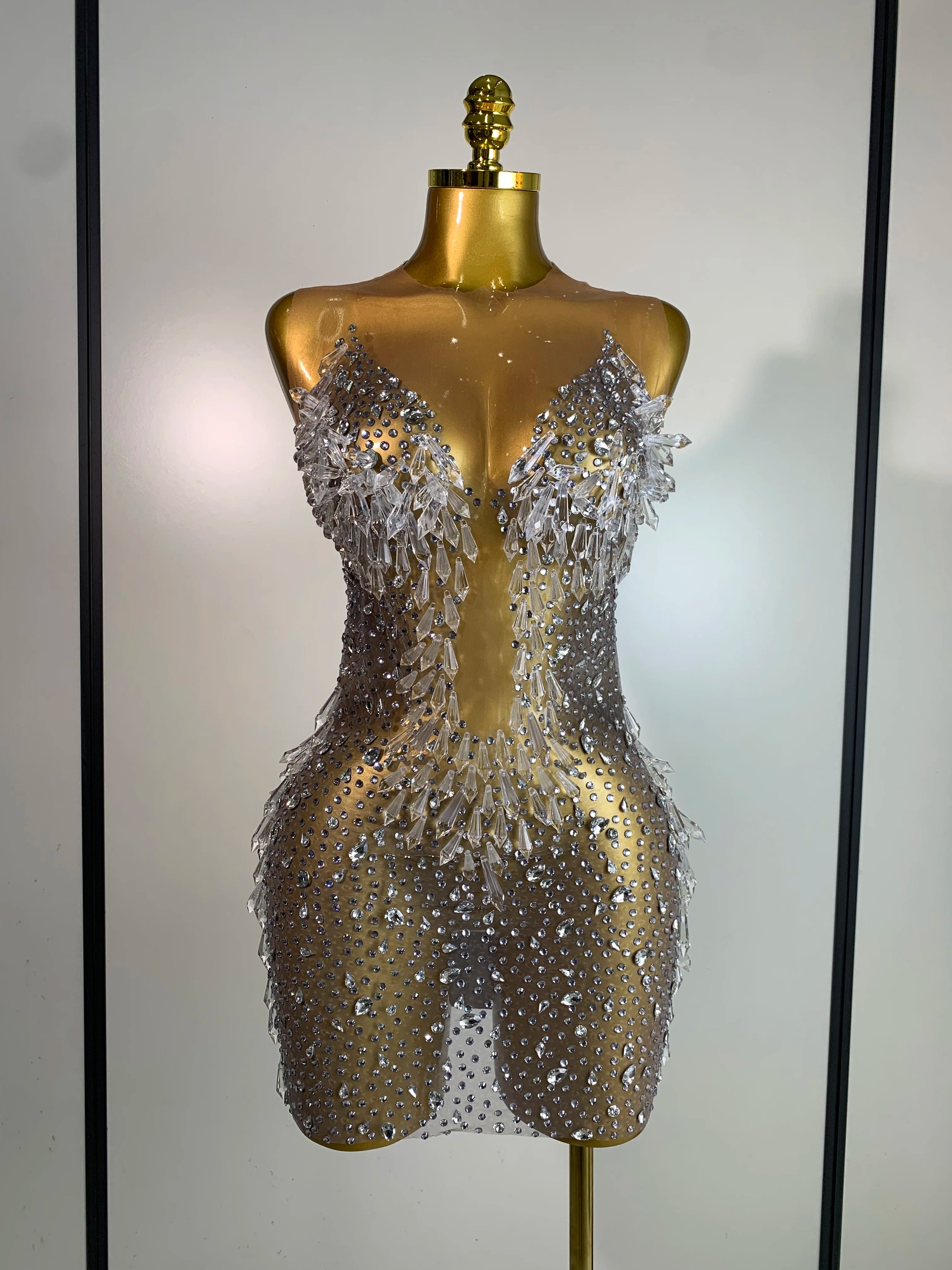 Stock Women Luxury Sexy Mesh Crystal Diamonds Mini Dress Birthday Party Costume Bar Nightclub Stage Performance Singer Outfit