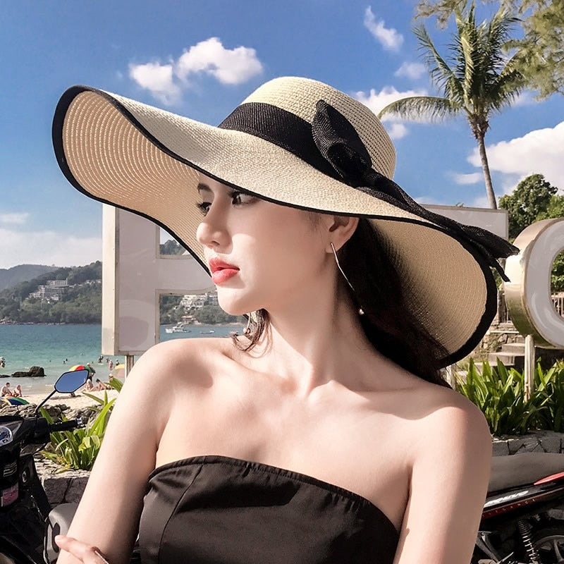 Seaside Photo Beach Straw Hat Children Summer Large Brim Sunscreen Shading Simple Fashion Large Brimmed Hat Sun Hat Beach Hat Black edged beige Adjustable 55 60cm