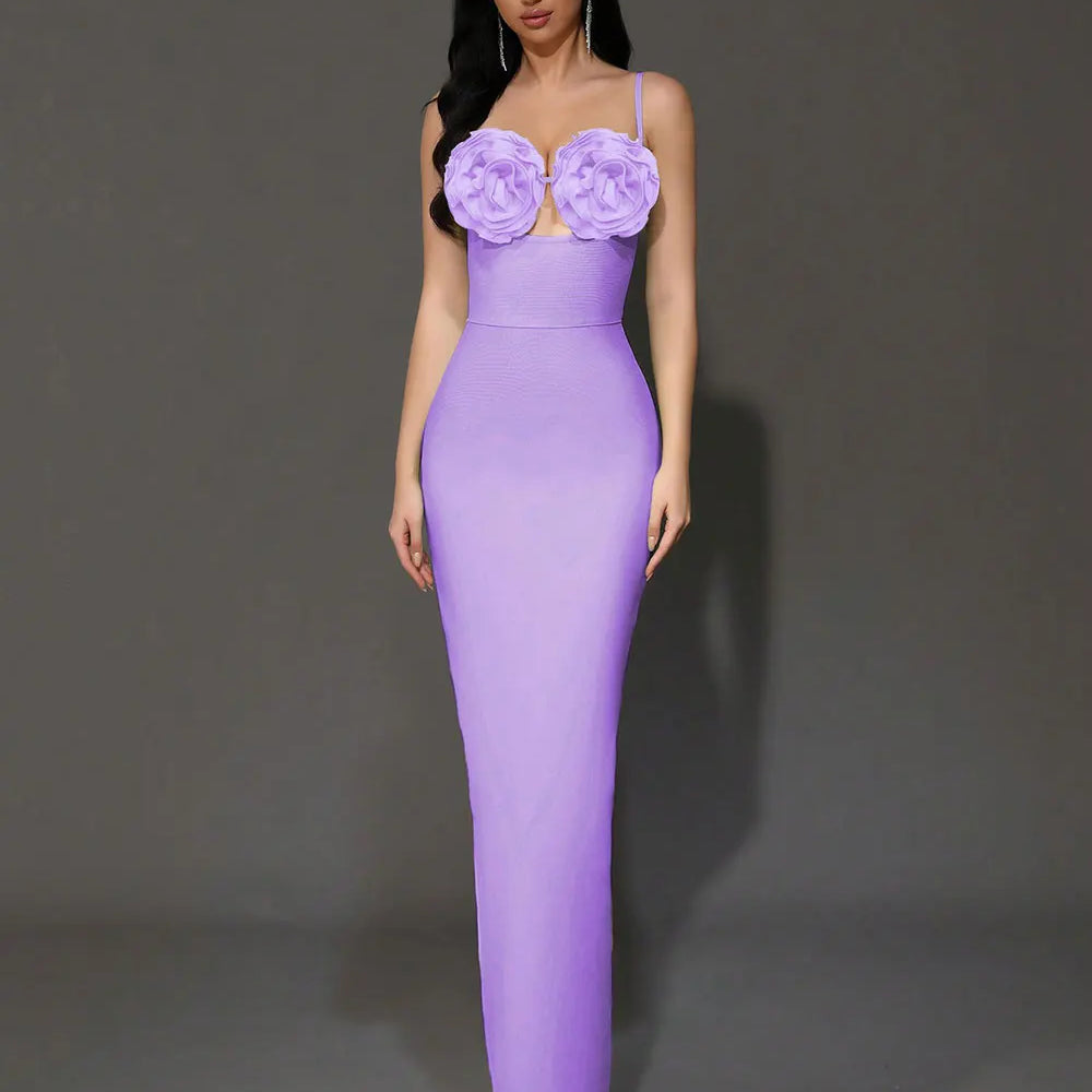 2024 Sexy Women'S Light Luxury Flower Design Bandage Dress Spaghetti Strap Sleeveless Bodycon Backless Long Dresses Vestidos PURPLE