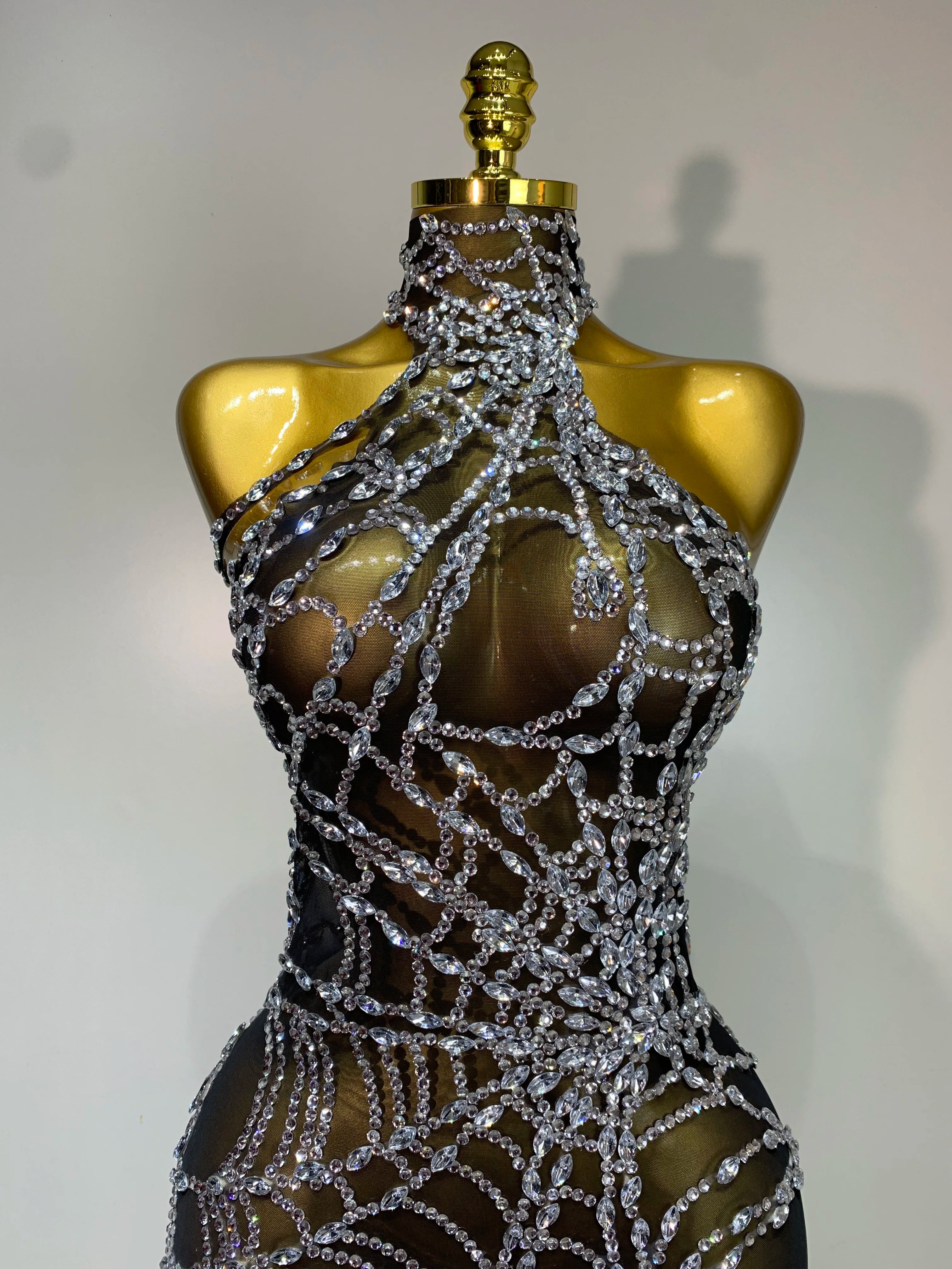 STOCK Sparkly Diamond Women Sexy Mesh Jumpsuit Nightclub Bar Party Show Gogo Dancer Clothing Drag Queen Outfit Stage Costume