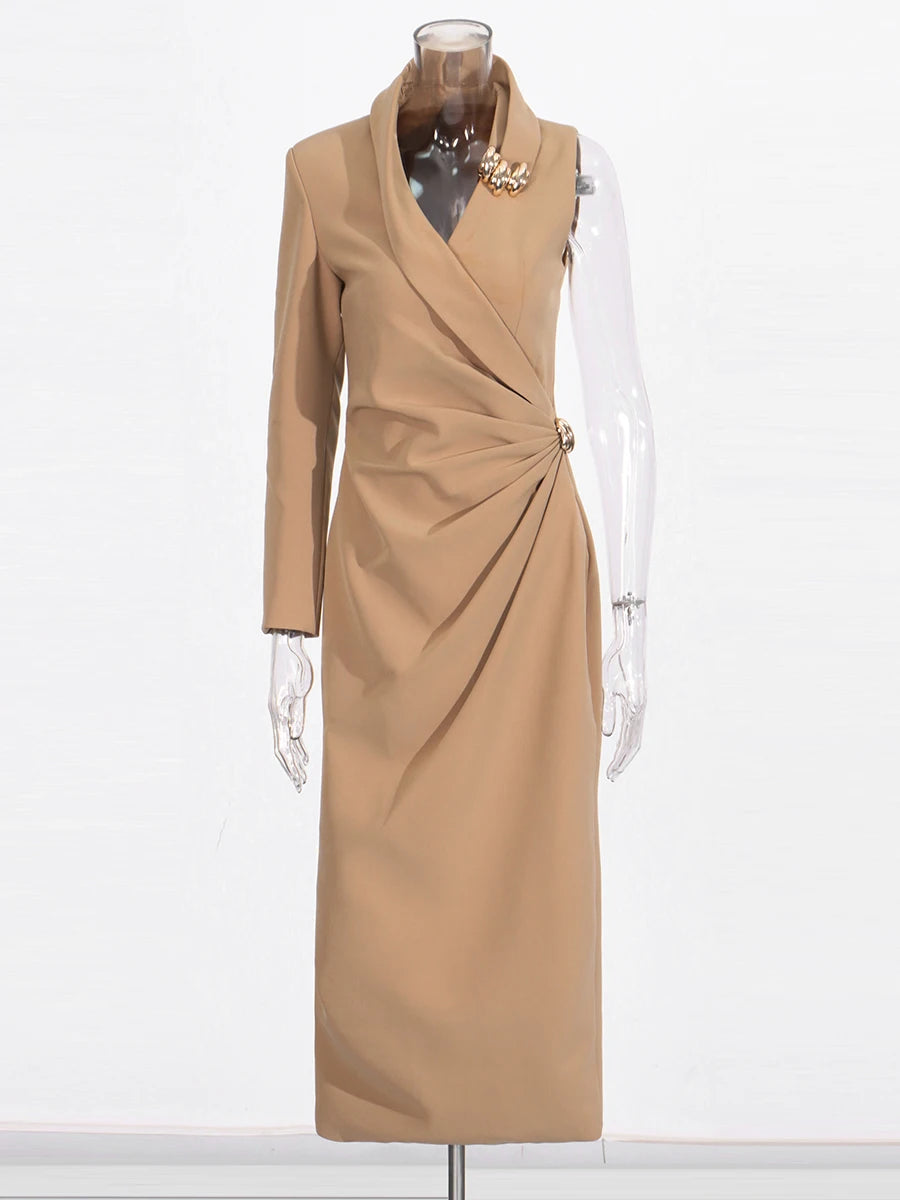 Solid Slimming Spliced Folds Irregular Dresses for Women V Neck Long Sleeves Temperament Dress Female Fashion New KHAKI