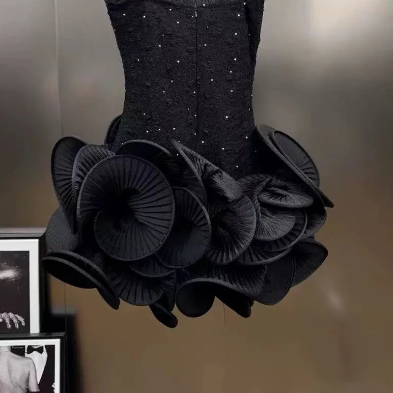 Autumn Winter New Elegant Sweet Rhinestone Ruffle Puff Sleeve Strap Dress For Women Backless Dresses Female 11A07818