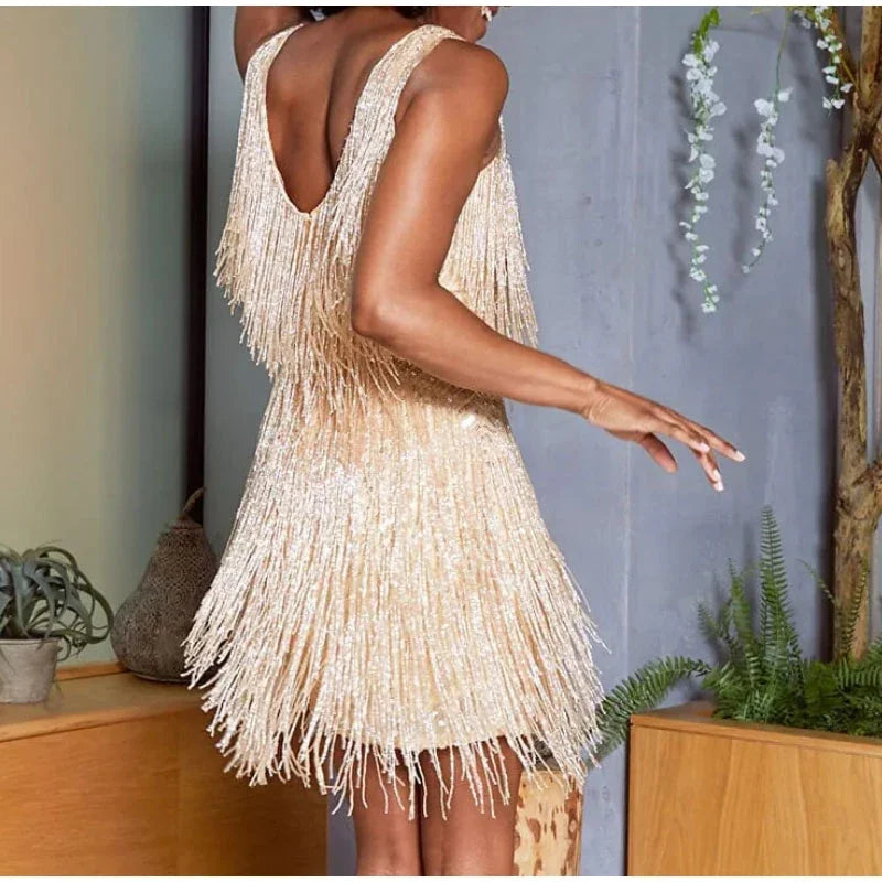 Sexy Women's Fringed Sequin Feather Stitching Dress Summer Slim V-Neck Off Shoulder Dresses Female Backless Slip Mini Robe