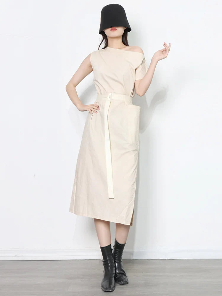 Asymmetrical Sashes Dress For Women Slash Neck Short Sleeve High Waist Casual Dresses Female Fashion New Clothing Apricot One Size