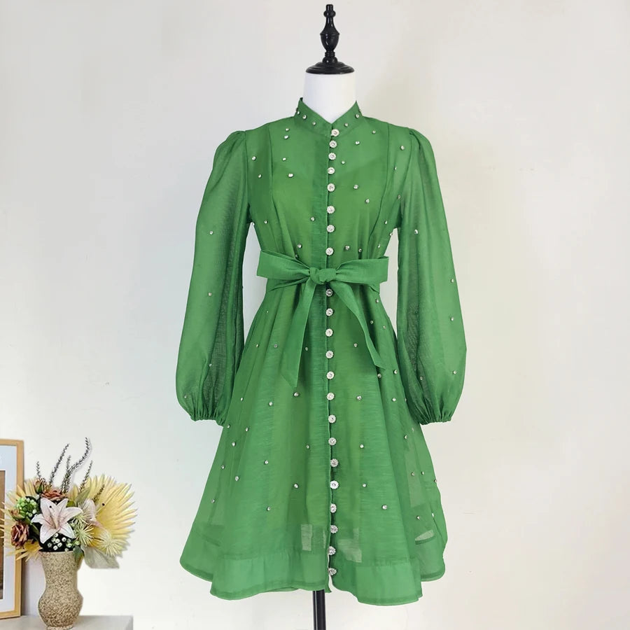 French Luxury Crystal Beaded Wedding Prom Mesh Dress Women Stand Long Lantern Sleeve Diamond Buttons Belt Lace Up Mini Vestidos green