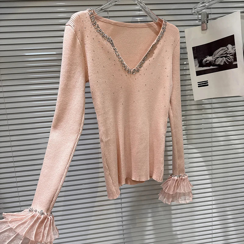 Winter New Sweet Temperament V-Neck Rhinestone Flower Bud Cuff Knitted Sweater For Women Slim Fit Pullover 11A07821