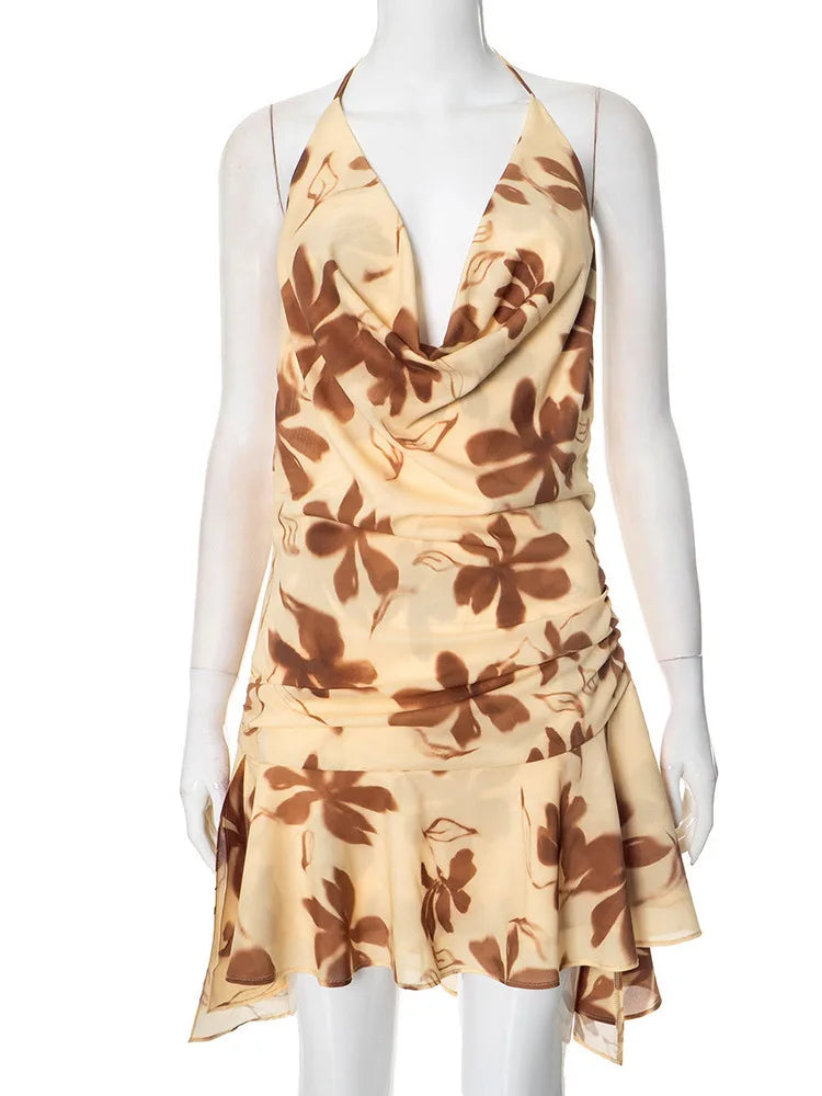 Mozision Halter Print Sexy Mini Dress For Women Robe Elegant Deep V Neck Sleeveless Backless Ruffled High Waist Beach Dress