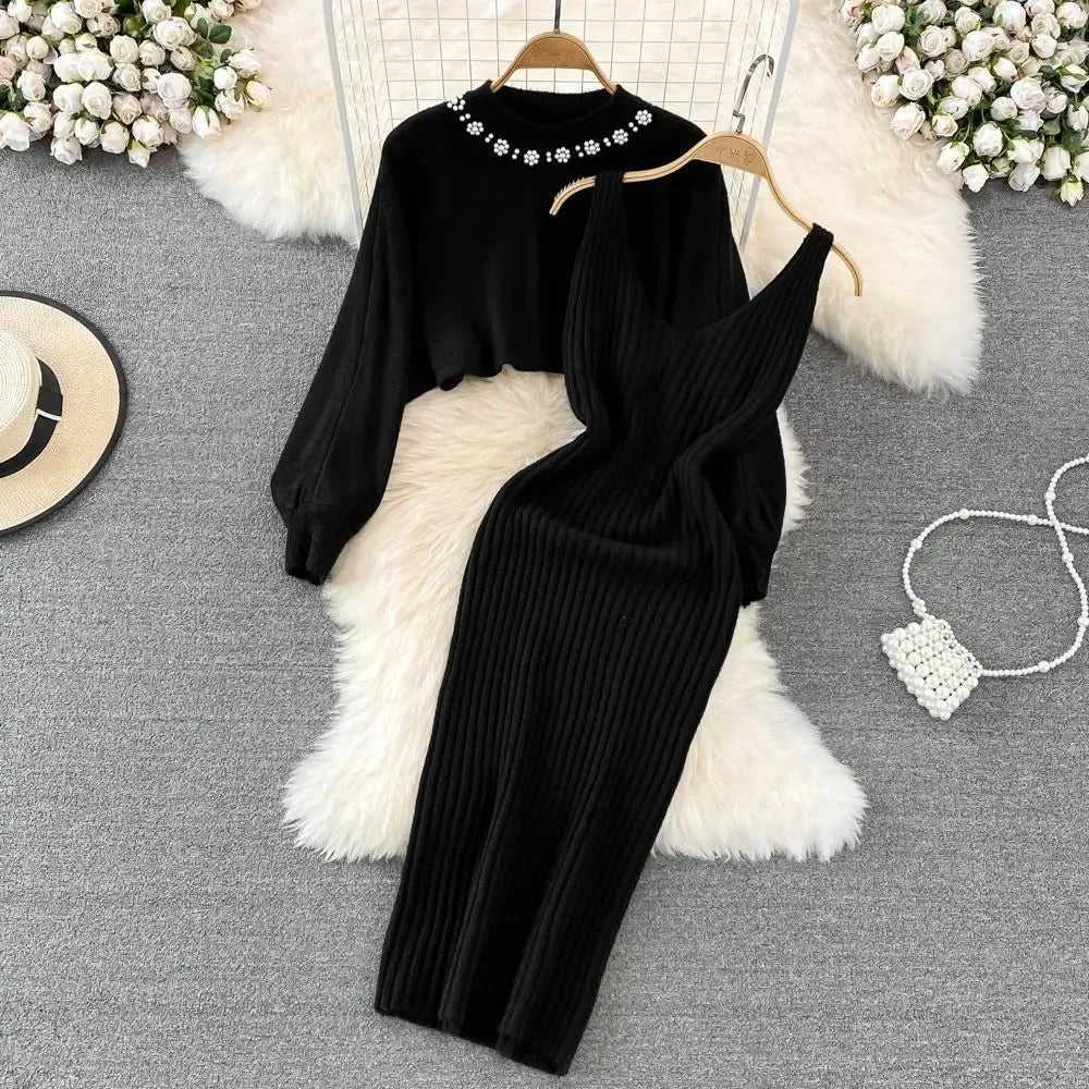 Women Sweater Midi Dress Set Casual Pullovers Suits Autumn Winter O-neck Long Sleeve Knitted Solid Slim Elegance Tops Elastic C Black
