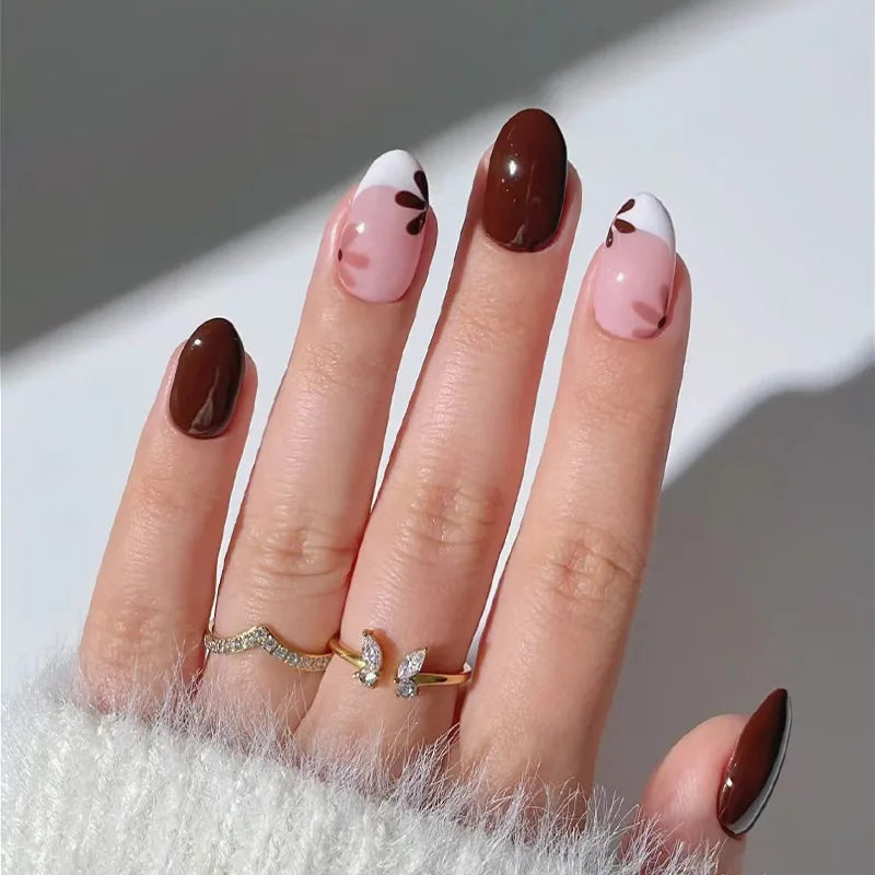 24Pcs Gradient Pink Nails Set Press on Cute French Press on False Nails Flower Design Wearable Almond Full Cover Fake Nail Tips 1771