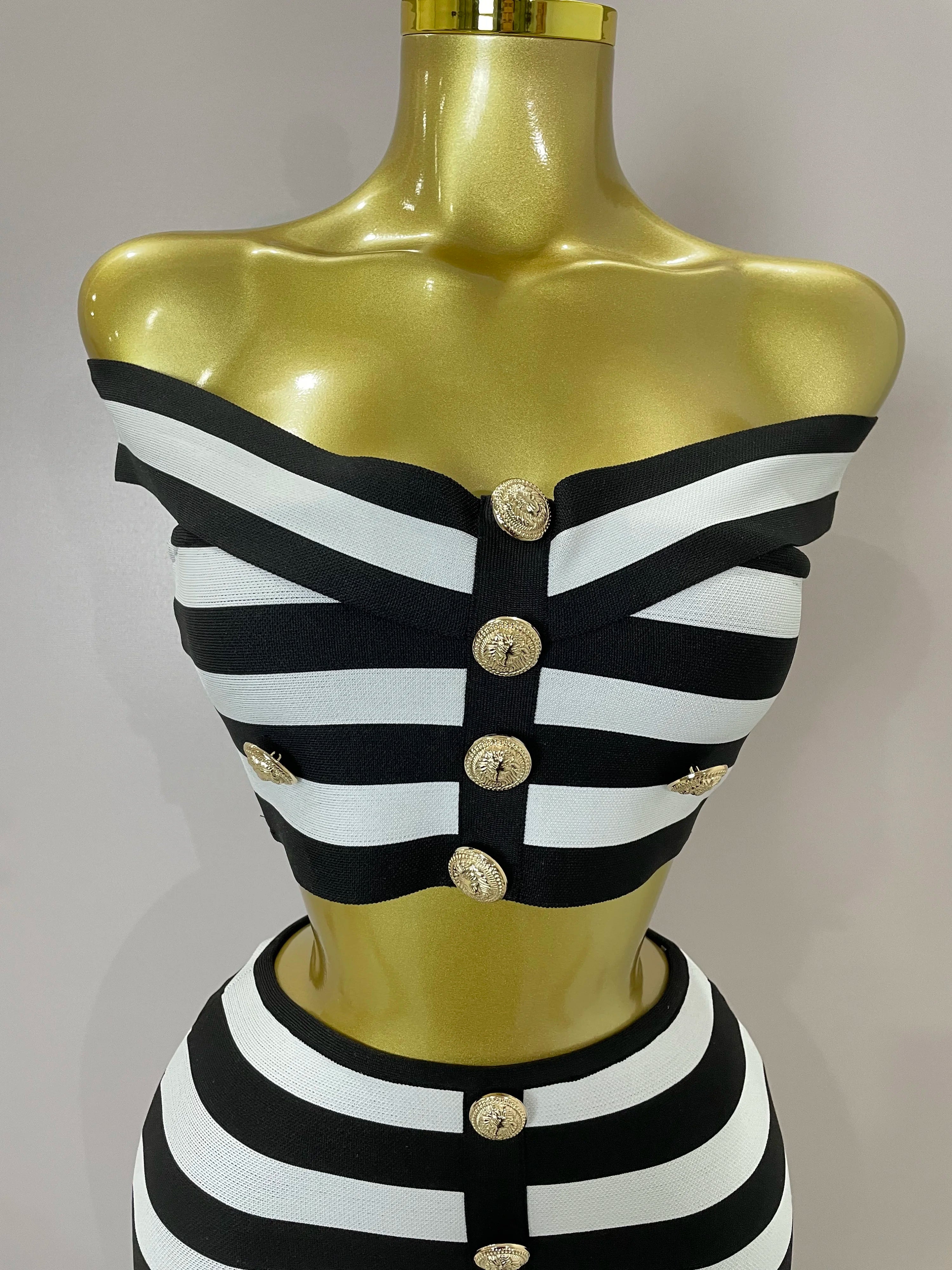 Sexy Off Shoulder Striped Button Two Piece Mini Bandage Set 2025 Women Celebrity Designer Evening Party Luxury Birthday Outfit