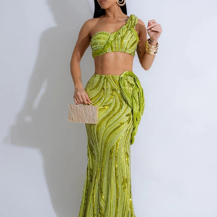 Women’s Dress Set Mesh Sequined Ribbon Sleeveless Strap Top + Long Skirts Sets 2 Two Pcs Sets Sexy Party Evening Oufits