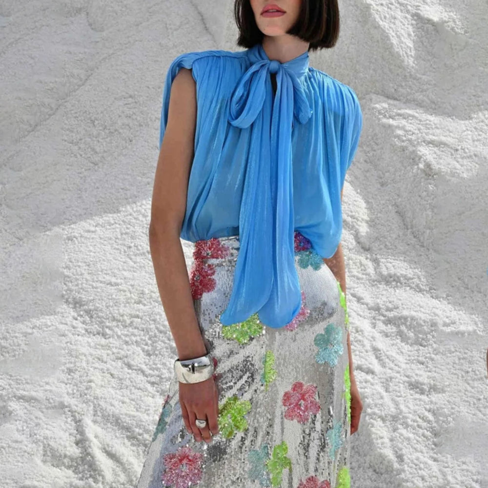 Solid Loose Spliced Bow Elegant Blouses for Women Round Neck Sleeveless Temperament Blouses Female Fashion Clothing BLUE