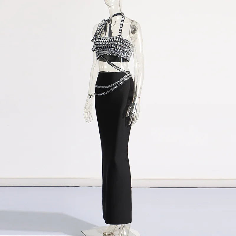 Black Color Women Sexy 2 Pieces Bodycon Long Bandage Dress Big Crystal Fashion Nightclub Party Celebrate Dress