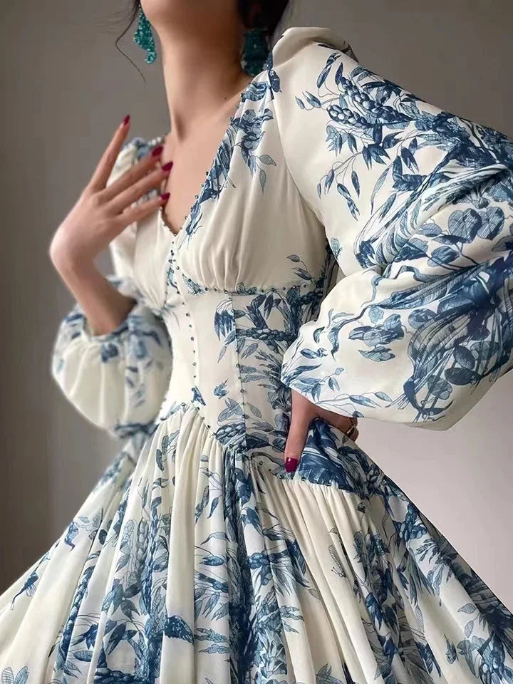 Fashion Designer Floral Beading High Waist A Line Party Women Vintage Elegant Lantern Sleeve Chic Casual Beach Holiday Dresses