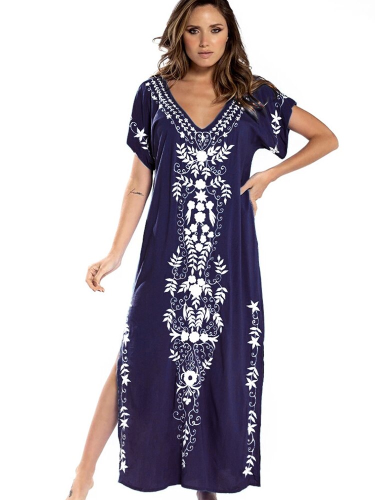 Robe De Plage Embroidery Beach Cover Up Sarong Women Beach Pareo Tunic For Beach Swimwear Dark Blue One Size