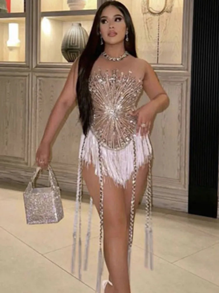 Stock Women Luxury Sexy Mesh Crystal Diamonds Beading Mini Dress Birthday Party Costume Bar Nightclub Stage Performance Dress