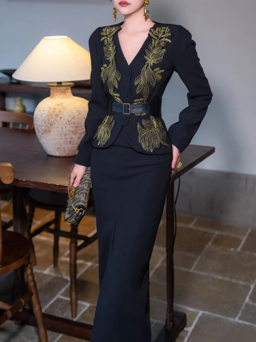 Solid Spliced Appliques Two Piece Sets for Women V Neck Long Sleeve Top High Waist Split Skirts Elegant Set Female