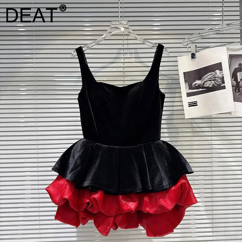 Winter New Fashion Style Velvet Waist-Cinching Contrast Color Hem Puffy Dress For Women Evening Party Dresses 11A07831