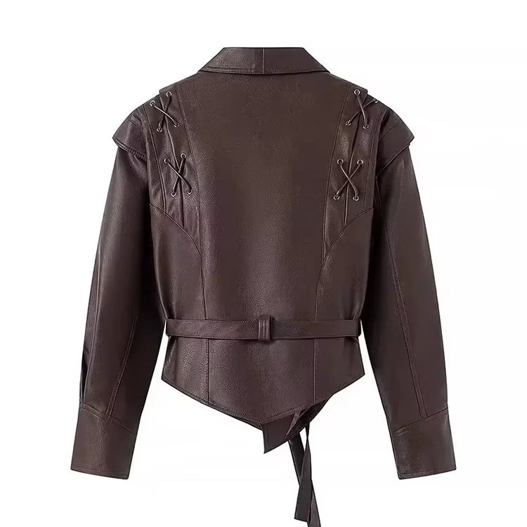 Lautaro Spring Distressed Brown Short Asymmetrical Pu Leather Jacket Blazer Women Retro Vintage Fashion Luxury Designer Clothes