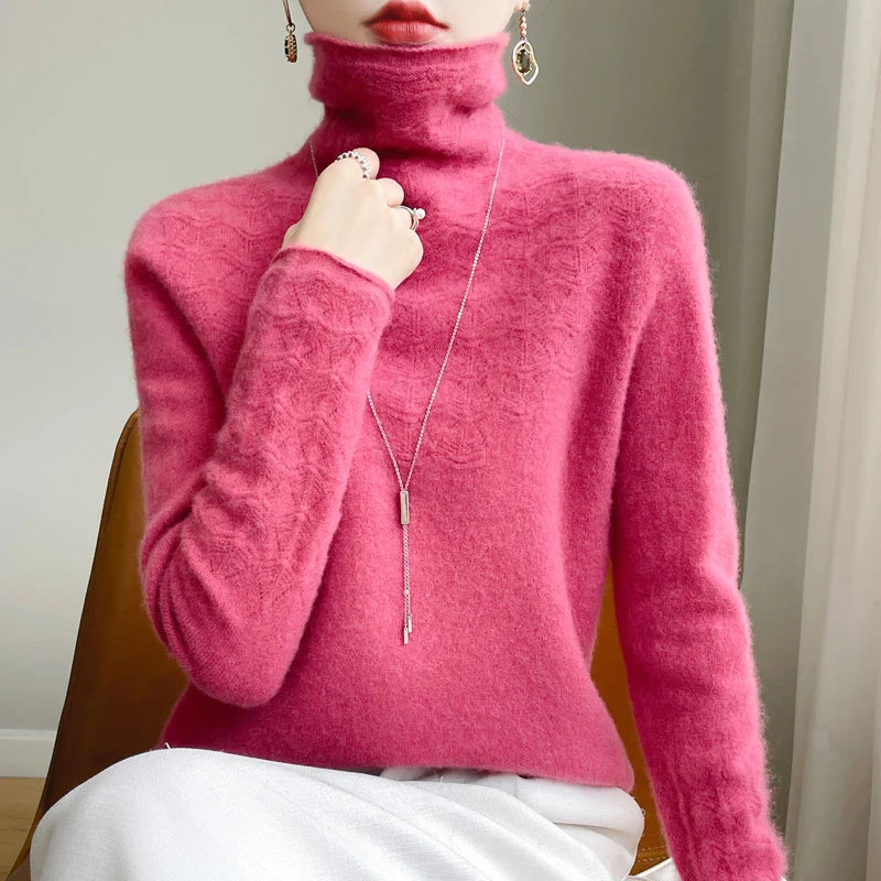 Fashion Cashmere Jumper 100% Merino Wool Pullover Winter High Neck Solid Long Sleeve Women's Seamless Hollow out Knitted Sweater Raspberry red