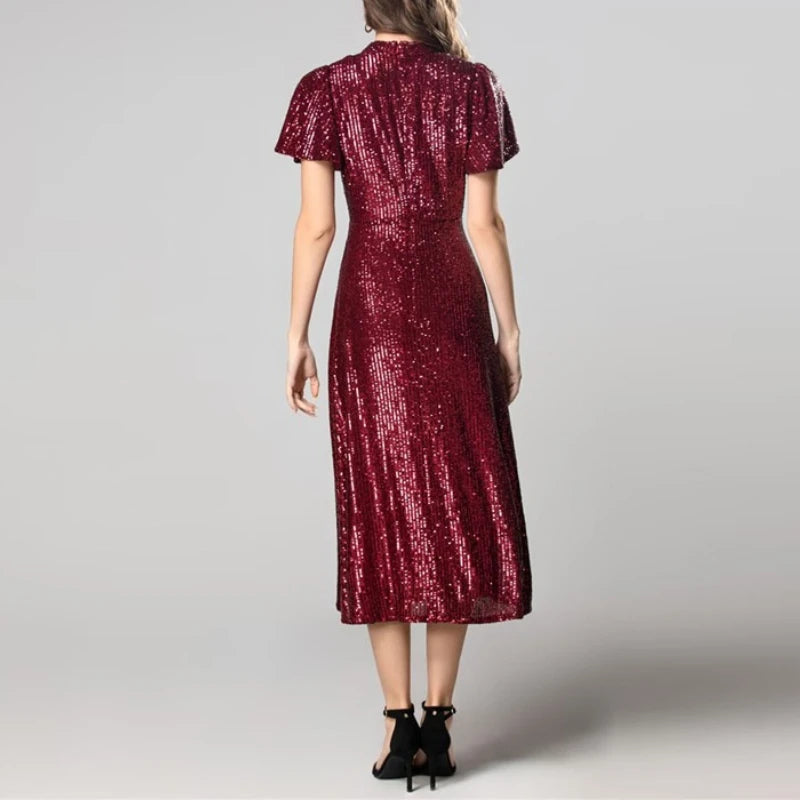 Solid Spliced Sequins Fashion Dresses for Women Round Neck Short Sleeves Patchwork Folds Elegant Dress Female New