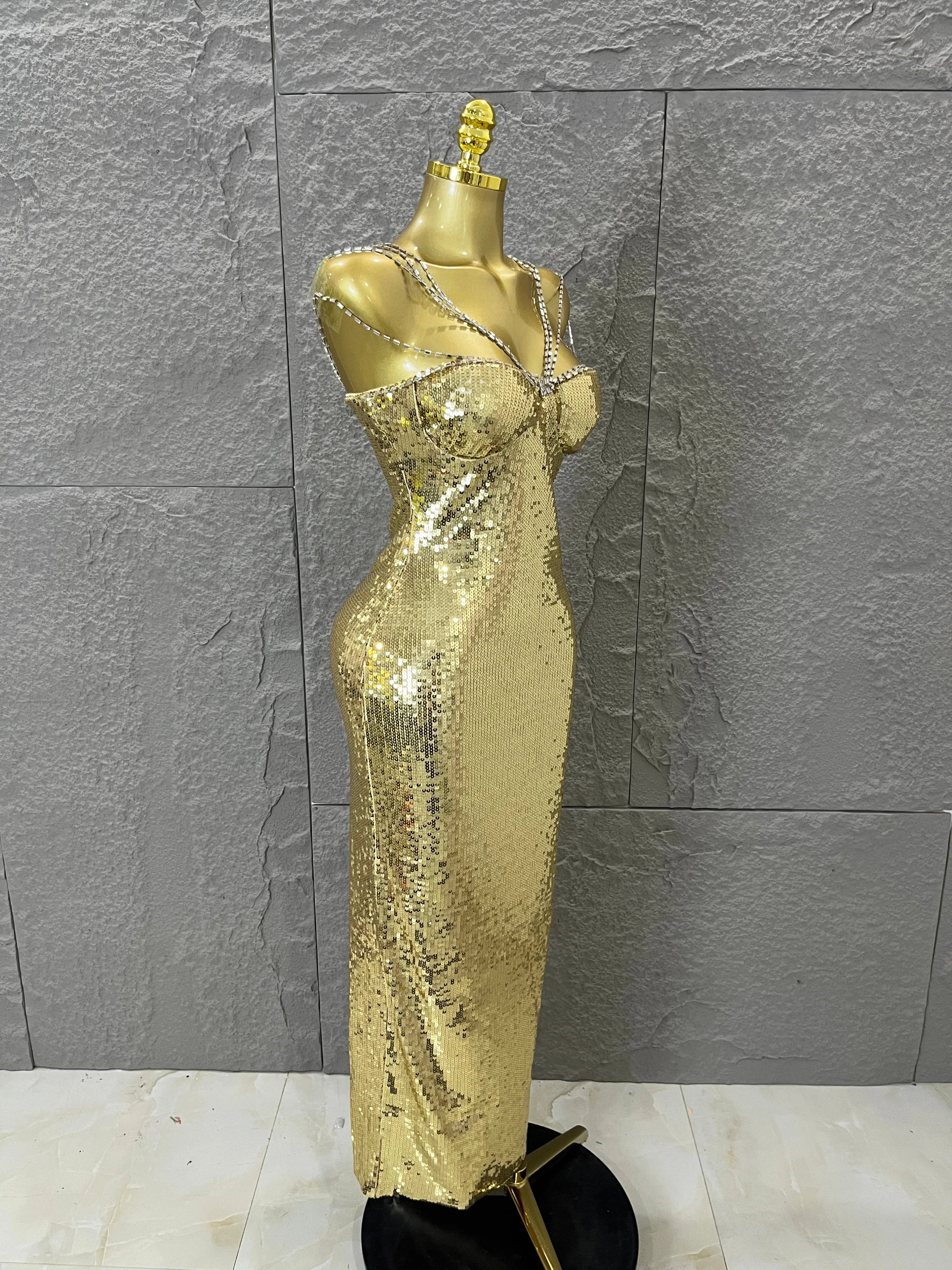 Classic Gold Sequin Mermaid Dress Rhinestone Chain Shoulder Straps Sweetheart Neck Formal Evening Gala Photoshoot Cocktail Party