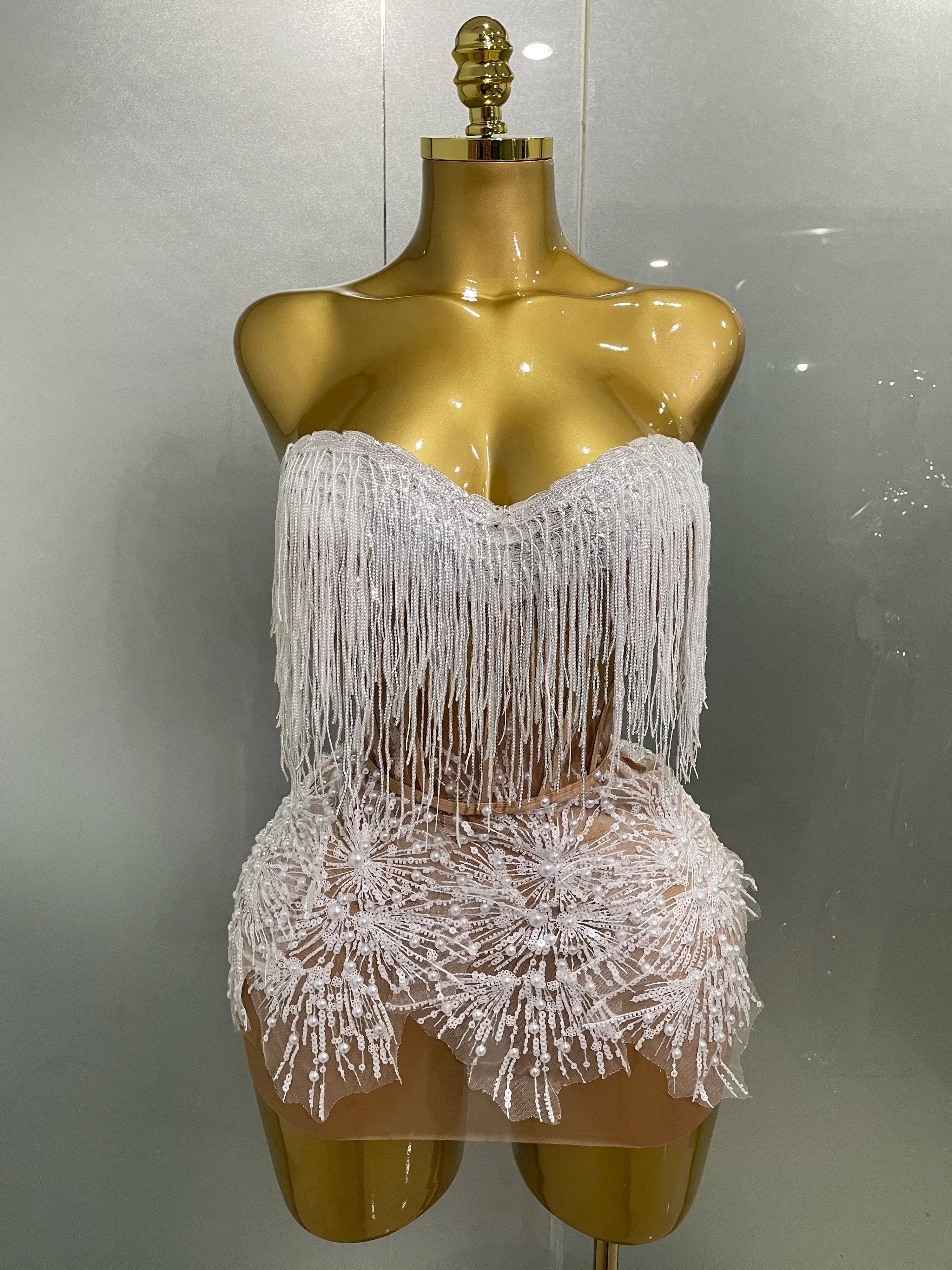 2025 Sexy Pearl Sequins Tassel Sleeveless Glitter Mini Dress Women Singer Bar Nightclub Stage Performance Clothing Show Outfit WHITE