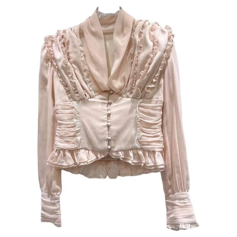 Winter New Sweet Temperament V-neck Heavy Pleated Edge Waist Design Chiffon Blouse For Women Small Shirt 11A07900